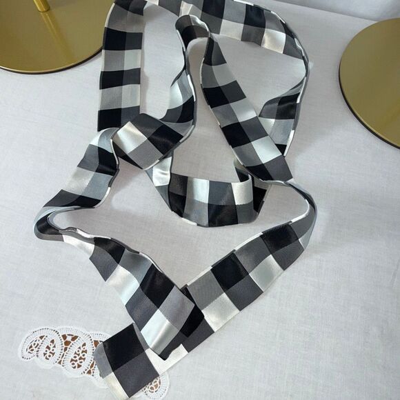 1970s Mod Black & White Checkered Taffeta Sash – 80.5” Long Vintage Belt Scarf - Picture 12 of 15